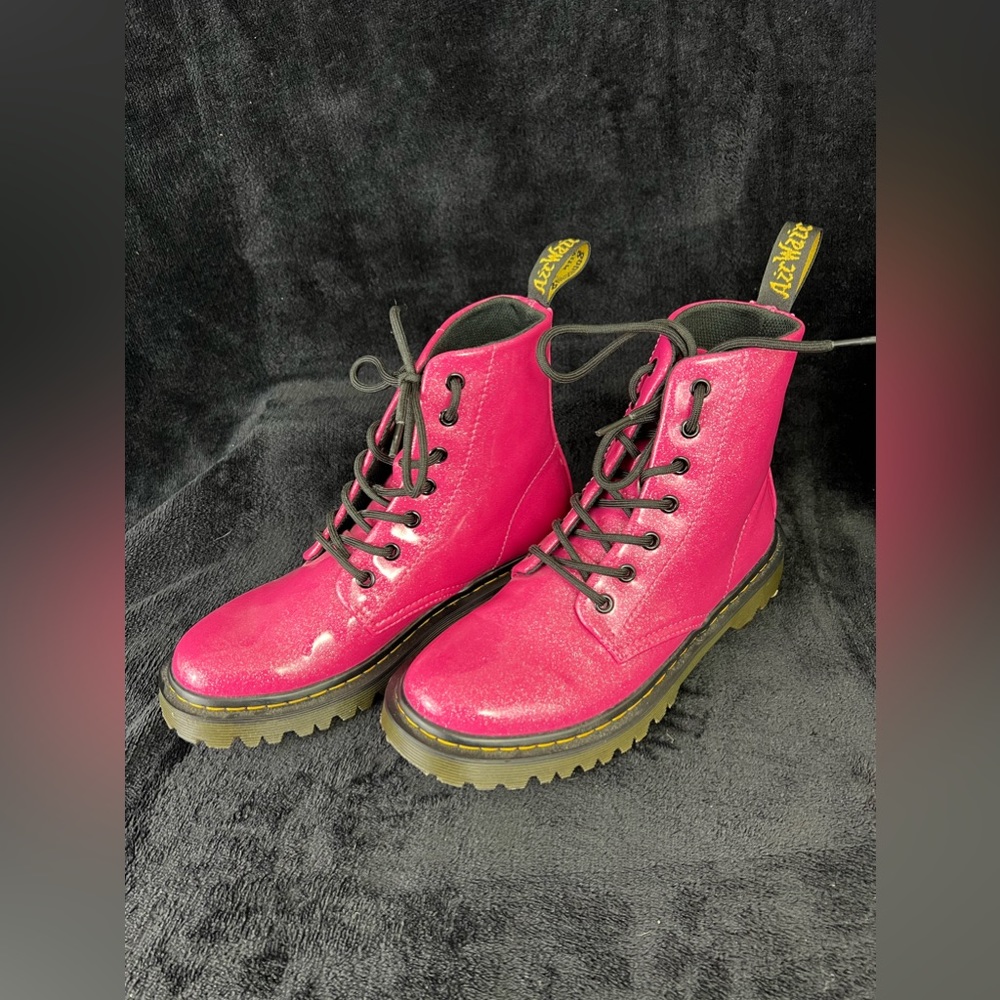 Dr Martens 1460 Luana Glitter Pink Brush Vegan Patent Leather Lace Up Boots